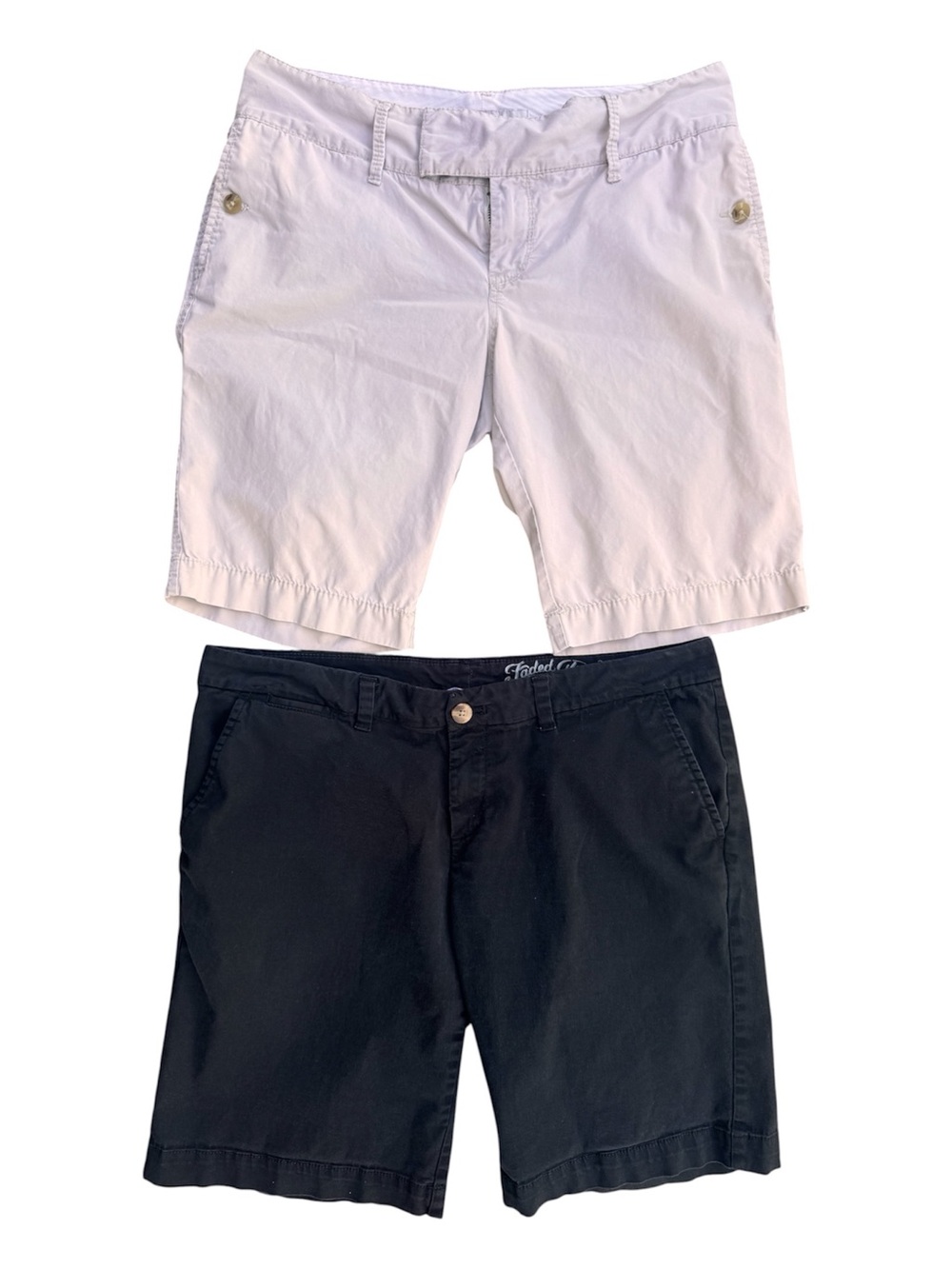 Bundle of 2 Women’s Bermuda Shorts size 10 Khaki Stretch Black Chino GUC Modest